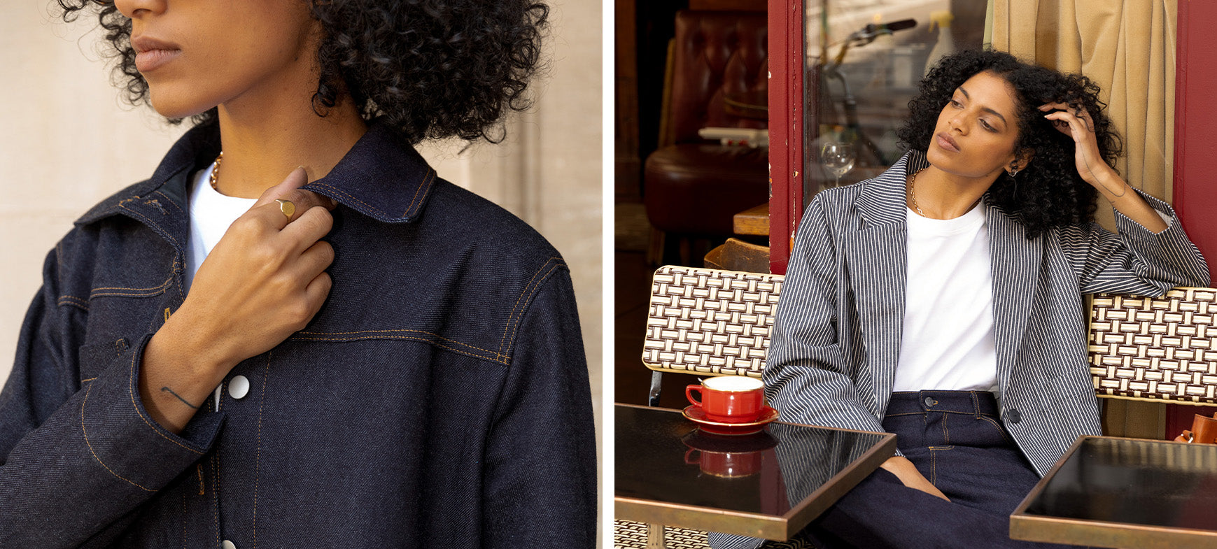 LA Veste Atelier Brunette en Tissu Denim Dark Indigo et LE Blazer Atelier Brunette en Tissu Denim Stripes Mid Blue