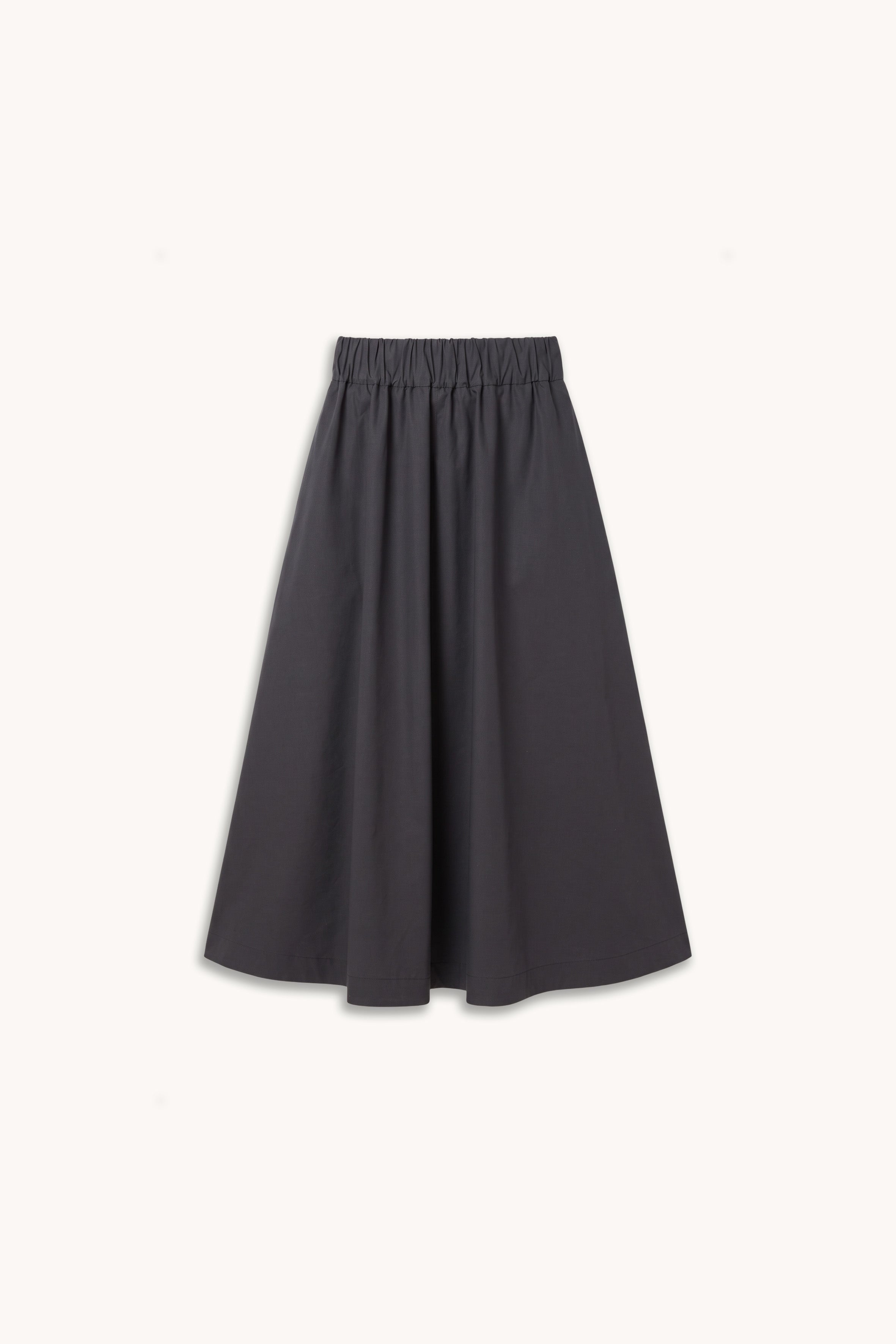 Jupe longue évasée à taille élastiquée en tissu gris anthracite, à plat – Patron La Jupe Vertigo Atelier Brunette