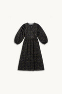 Robe longue à manches bouffantes en tissu noir moucheté, à plat – Patron La Robe Ressourcée Atelier Brunette