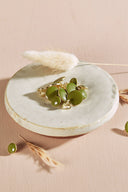 Domed round buttons in matcha green rimmed with a thin gold trim, with a metal shank, piled in a small white ceramic dish on a pink background, with a sprig of dried lagurus grass in the background.