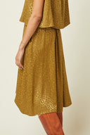 Déroutante Skirt pattern – 3/4 view, set top+skirt flared gold leopard print, gathered waist, gold bracelet – Atelier Brunette