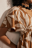 Butterfly Dress pattern – dress caramel foliage motif, wrap neckline, flared butterfly sleeves – Atelier Brunette