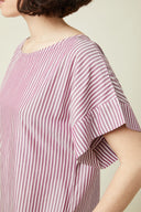 Beach Dress pattern – detail round neckline and kimono sleeve, fabric striped burgundy – Atelier Brunette