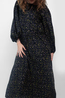 RE_SOURCÉE Dress pattern – Long dress printed geometric blue/khaki, puffed sleeves, belt gathered – Atelier Brunette