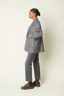 Blazer pattern – left profile view, blazer oversize grey striped, loose cut, grey trousers – Atelier Brunette