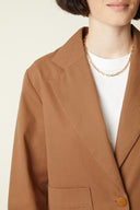 Blazer pattern – close-up bust, blazer camel tailored collar, white t-shirt, gold chain necklace – Atelier Brunette