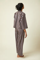 Patron LE Pyjama – Dos, ensemble pyjama rayé marron bleu, top kimono manches 3/4 – Atelier Brunette