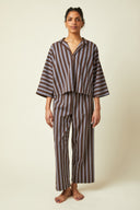 Patron LE Pyjama – Face, ensemble pyjama rayé marron bleu, top kimono ample et pantalon large – Atelier Brunette