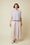 Top Encolure sewing pattern – full look front view, lilac and skirt striped – Atelier Brunette