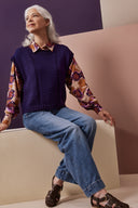Jumper and Cardigan knitting pattern – waistcoat sleeveless navy, V neckline, worn over a floral shirt – Atelier Brunette