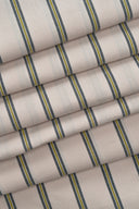 Close-up on the off-white Weave Line fabric with fine grey-blue and mustard stripes, pleated fan-style.